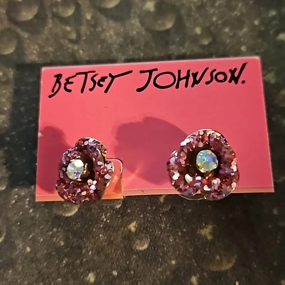Betsey Johnson Pink Rhinstone Aurora Borelis Pierced Earrings - Picture 2 of 3